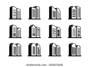 Line perspective building and company icon on white background, Vector bank and office collection, Black edifice and residential, Set apartment and condo illustration