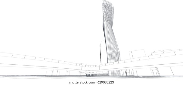 line perspective drawing of a tower seen from the street