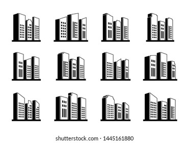Line perspective icons buildings and vector company set, Black office collection on white background, edifice and residential illustration