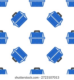 Line Pet carry case icon isolated seamless pattern on white background. Carrier for animals, dog and cat. Container for animals. Animal transport box. Colorful outline concept. Vector