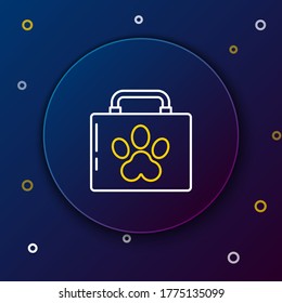 Line Pet first aid kit icon isolated on blue background. Dog or cat paw print. Clinic box. Colorful outline concept. Vector