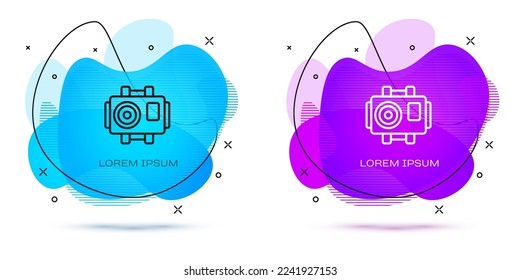 Line Photo camera for diver icon isolated on white background. Foto camera icon. Diving underwater equipment. Abstract banner with liquid shapes. Vector
