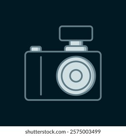 Line Photo camera icon isolated on black background. Foto camera. Digital photography. Flat filled outline style with shadow. Vector