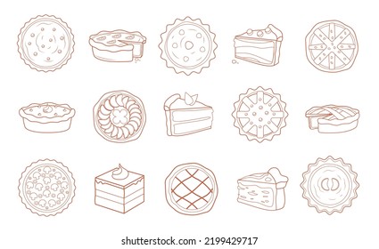 Line pie dessert. Sweet rural bakery filling with sliced fruits and berries, cake tart and cheesecake pastry pieces drawing. Vector doodle set. Pastry with apples, lemon and mushrooms