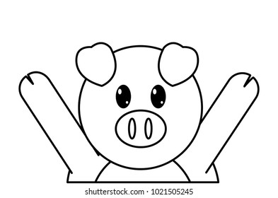 line pig cute animal with hands up