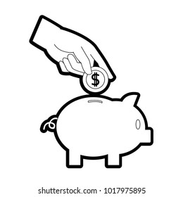 line piggy to save money and hand with coin