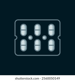 Line Pills in blister pack icon isolated on black background. Medical drug package for tablet, vitamin, antibiotic, aspirin. Flat filled outline style with shadow. Vector