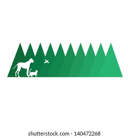 A line of pine tress with the silhouettes of a big dog, a cat and a bird