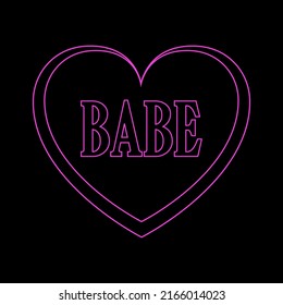 Line pink heart with babe lettering. Y2K card.Neon illustration on black background