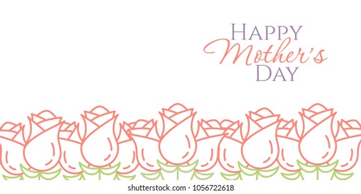 Line pink roses border isolated on white background-minimalistic mothers day congratulation card or banner concept with outline element of flowers with leaves and greeting. Vector illustration.