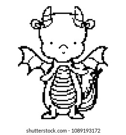 line pixel cute dragon animal with wings