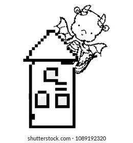 line pixel cute dragon in the tower with windows