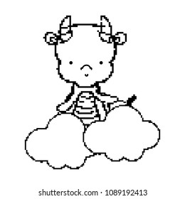 line pixel cute dragon with wings in the clouds