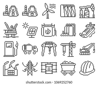 Line pixel icons set: Industries, construction and energy production
