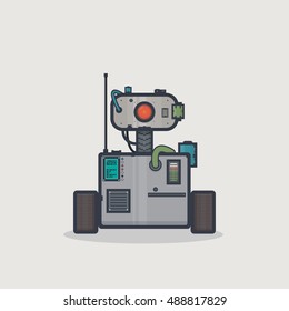 Line pixel style classic robot with rectangle body and moving head on neck with camera and gadgets.