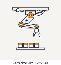 Line pixel style, classic robotic arm from factory with transporter and small objects or boxes. Robot arm grab objects from line.