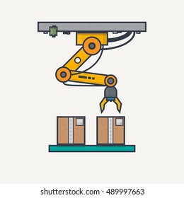 Line pixel style, classic yellow robotic arm from factory with transporter and boxes.