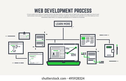 Line pixel style vector banner. Web site development process. Green notebook and open window with programs. Black lines and green elements.