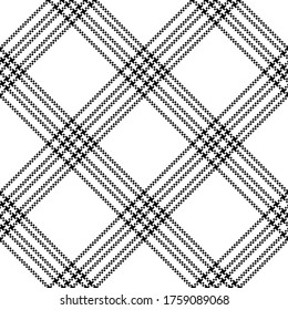 Line plaid pattern in black and white. Seamless diagonal pixel check plaid for skirt, dress, shirt, blouse, or other modern summer textile print. Simple design.