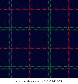 Line Plaid Pattern Vector In Blue, Red, Green. Dark Textured Tartan Check Plaid For Christmas Flannel Shirt, Skirt, Trousers, Or Other Modern Autumn Winter Textile Print.