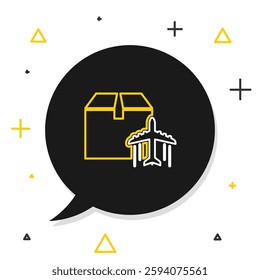 Line Plane and cardboard box icon isolated on white background. Delivery, transportation. Cargo delivery by air. Airplane with parcels, boxes. Colorful outline concept. Vector