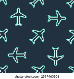 Line Plane icon isolated seamless pattern on black background. Flying airplane icon. Airliner sign.  Vector