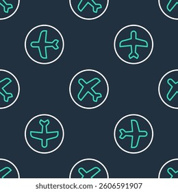 Line Plane icon isolated seamless pattern on black background. Flying airplane icon. Airliner sign.  Vector