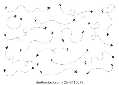 Ícone de linha e plano para viagem e viagem de voo com mapa aéreo e caminho vetorial. Uma rota tracejada com pontos e rastreamento para plano de fundo do aeroporto ou do destino. Elemento gráfico simples.