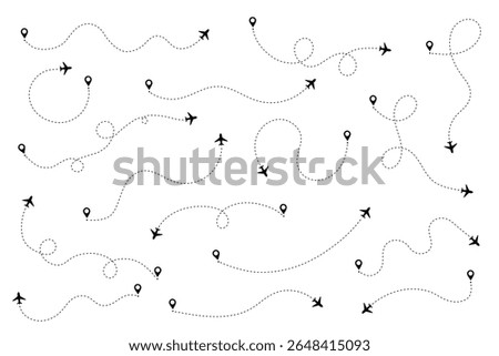 Line and plane icon for travel and flight trip with air map and vector path. A dashed route with dots and trace for airport plan or destination background. Simple graphic element.