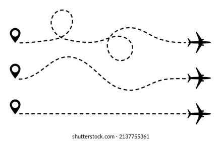 Line plane paths, travel by airplane, flight on route icons. Air trip with map to destination. Aircraft's fly ways, tracks and traces of dashes illustration.Airline point and plan for journey. Vector.