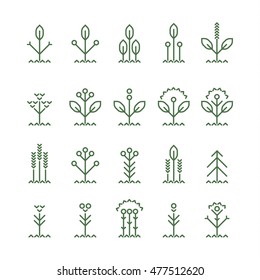 Line plant icons set with trees and peats