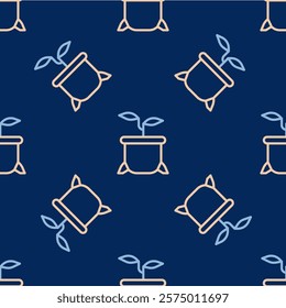 Line Plant in pot icon isolated seamless pattern on blue background. Plant growing in a pot. Potted plant sign.  Vector