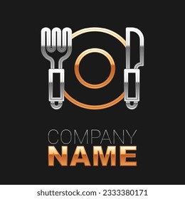 Line Plate, fork and knife icon isolated on black background. Cutlery symbol. Restaurant sign. Colorful outline concept. Vector
