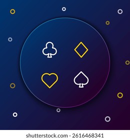Line Playing cards icon isolated on blue background. Casino gambling. Colorful outline concept. Vector