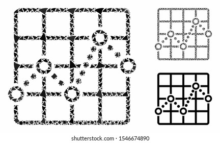 Line plot composition of raggy pieces in various sizes and shades, based on line plot icon. Vector abrupt pieces are united into composition. Line plot icons collage with dotted pattern.