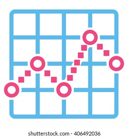 Line Plot vector toolbar icon. Style is bicolor flat icon symbol, pink and blue colors, white background, square dots.