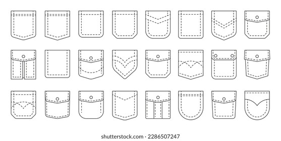 Line pockets. Sewing outline patches for men and women pants, textile uniform and bagged cloth elements. Vector cotton fabric shapes set. Fashion wear, casual style clothing isolated objects