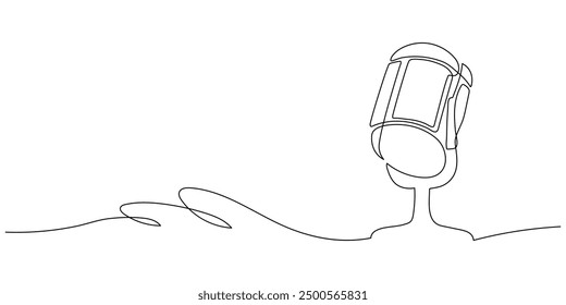 A line of podcast and music microphones. Vintage old microphone in simple linear style for banner music, news, webinar, online training. Doodle vector illustration