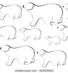 Line polar bear seamless pattern. Black bears on the white background. Vector winter illustration