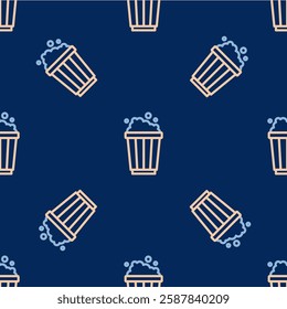 Line Popcorn in cardboard box icon isolated seamless pattern on blue background. Popcorn bucket box.  Vector