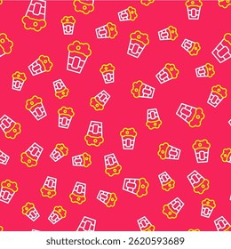 Line Popcorn in cardboard box icon isolated seamless pattern on red background. Popcorn bucket box.  Vector