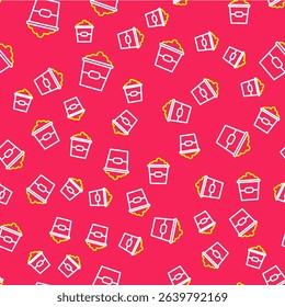 Line Popcorn in cardboard box icon isolated seamless pattern on red background. Popcorn bucket box.  Vector