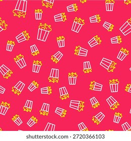 Línea de palomitas de maíz en icono de caja de cartón aislado sin patrón sobre fondo rojo. Caja de cubo de palomitas de maíz.  Vector