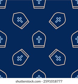 Line Pope hat icon isolated seamless pattern on blue background. Christian hat sign.  Vector