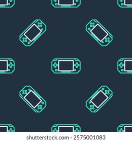 Line Portable video game console icon isolated seamless pattern on black background. Gamepad sign. Gaming concept.  Vector