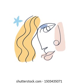 Line portrait art. Women's face illustration in trendy palette. Modern abstract graphic element. Stylish freehand drawn print for clothes, textile, mug, tote bag, phone case. Vector isolated sketch.