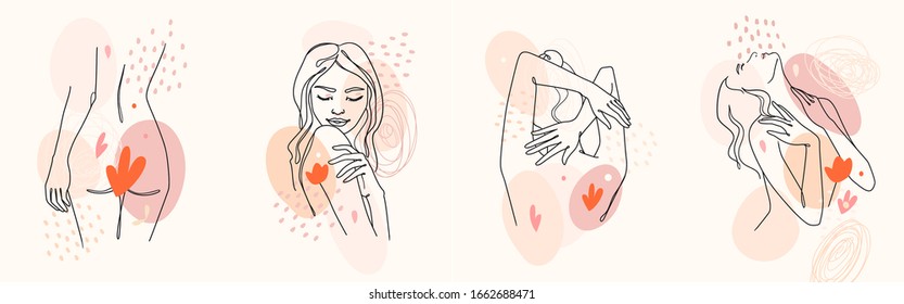Сontinuous line portrait of a girl, vector drawing set. Continuous line style, beautiful naked woman body illustration, abstract texture. Minimal woman portrait. Fashion concept, line woman print. 