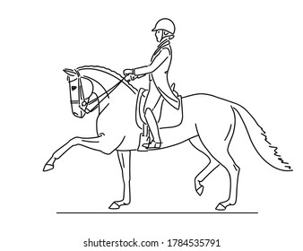 Line portrait horse and rider during advanced dressage test