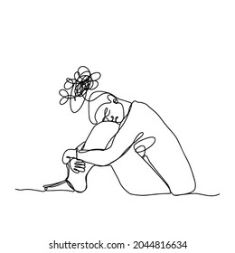 Line portrait. One line sitting man silhouette. Mental Health Awareness. Illustration of a man in depression. Psychology illustration.