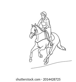 Line portrait of rider and warmblood horse galloping during equestrian eventing competition